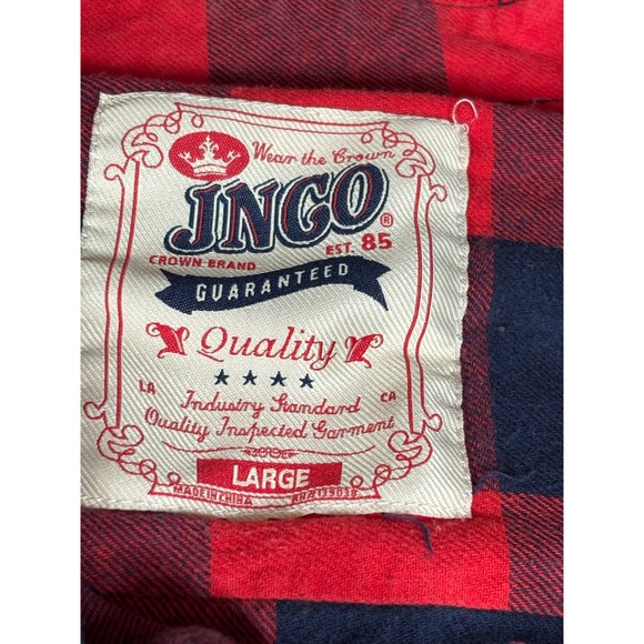 Mens‎ jnco Red and Navy Blue Plaid Flannel Long Sleeve Button Up Shirt - Picture 2 of 7